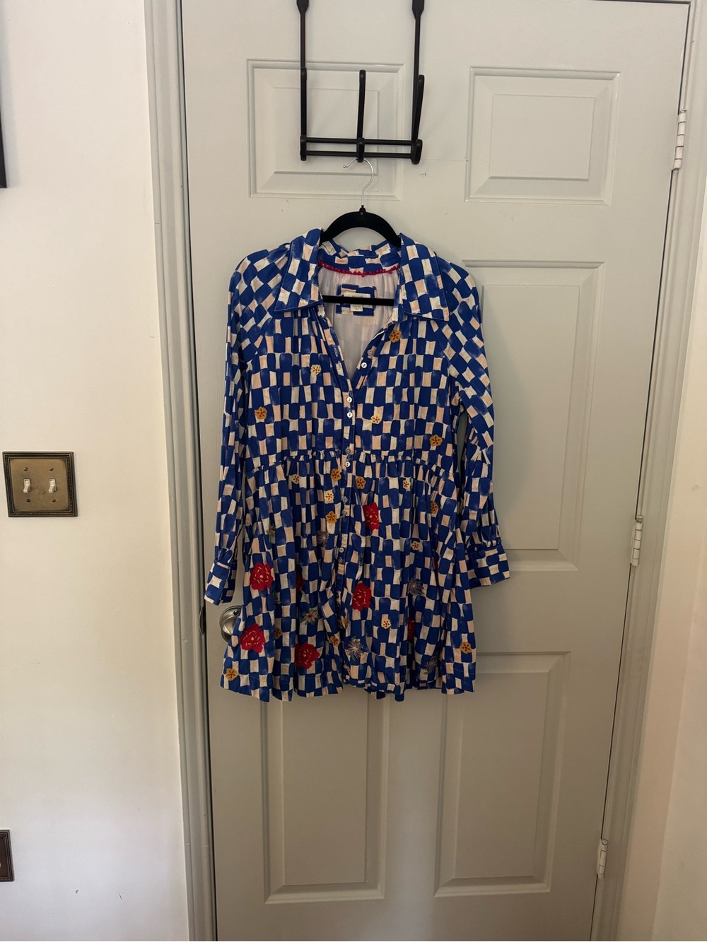 Anthropologie Maeve Checkered and Floral Long Sleeve Mini Dress size Medium - Picture 2 of 13